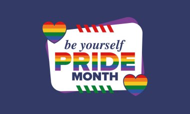 Haziran ayında LGBT Gurur Ayı. Lezbiyen Gey Biseksüel Transseksüel. Yıllık kutlama. LGBT bayrağı. Gökkuşağı aşk konsepti. İnsan hakları ve hoşgörü. Poster, kart, afiş ve geçmiş. Vektör illüstrasyonu