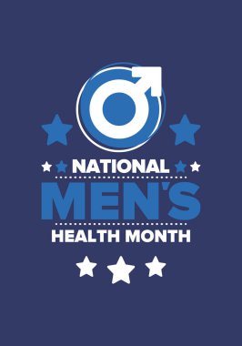 Haziran 'da Ulusal Erkek Sağlığı Ayı. Sağlık eğitimi programı. Amerika 'da yıllık kutlama. Tıbbi konsept. Bakım ve sağlık. Poster, kart, afiş ve geçmiş. Vektör illüstrasyonu