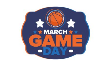 Maç günü. Mart ayında basketbol playoff 'u. Amerika 'da süper spor partisi. Sezon turnuvasının son maçları. Profesyonel takım şampiyonluğu. Basketbol topu. Spor afişi. Vektör