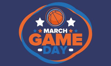 Maç günü. Mart ayında basketbol playoff 'u. Amerika 'da süper spor partisi. Sezon turnuvasının son maçları. Profesyonel takım şampiyonluğu. Basketbol topu. Spor afişi. Vektör