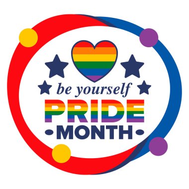 Haziran ayında LGBT Gurur Ayı. Lezbiyen Gey Biseksüel Transseksüel. Yıllık kutlama. LGBT bayrağı. Gökkuşağı aşk konsepti. İnsan hakları ve hoşgörü. Poster, kart, afiş ve geçmiş. Vektör illüstrasyonu