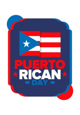 Porto Riko Günü. Ulusal mutlu tatiller. Bağımsızlık ve özgürlük onuruna festival ve geçit töreni. Porto Riko bayrağı. Latin Amerika ülkesi. Vatansever unsurlar. Vektör poster illüstrasyonu