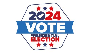Oylar 2024 'e. Birleşik Devletler 'de 2024 Başkanlık Seçimi. Oylama günü, 5 Kasım. Amerikan Seçimleri. Vatansever Amerikan unsuru. Poster, kart, afiş ve geçmiş. Vektör illüstrasyonu