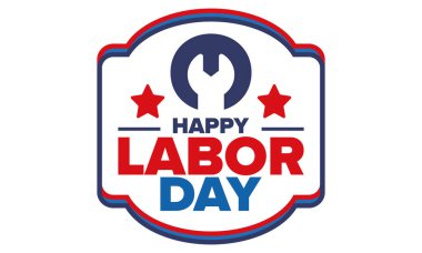 Mutlu İşçi Bayramı. Federal bayram, Amerika 'da yıllık kutlama. Amerikan işçi hareketi. Vatansever Amerikan unsurları. Poster, kart, afiş ve geçmiş. Vektör illüstrasyonu