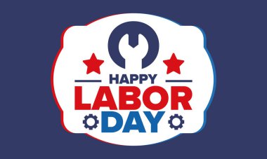 Mutlu İşçi Bayramı. Federal bayram, Amerika 'da yıllık kutlama. Amerikan işçi hareketi. Vatansever Amerikan unsurları. Poster, kart, afiş ve geçmiş. Vektör illüstrasyonu