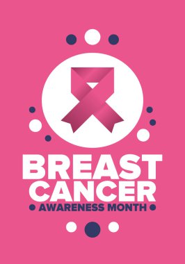 Meme Kanseri Farkındalığı Ayı. Pembe Ekim. Pembe kurdele. Kadın sağlık hizmetleri. Yıllık kutlama. Sağlık konsepti. Kız dayanışması. Kanseri önleme. Kadın hastalıkları. Poster, afiş ve arkaplan. Vektör