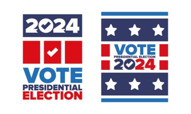Oylar 2024 'e. Birleşik Devletler 'de 2024 Başkanlık Seçimi. 5 Kasım. ABD Seçim Günü. Vatansever Amerikan unsuru. Poster, kart, afiş ve geçmiş. Vektör illüstrasyonu