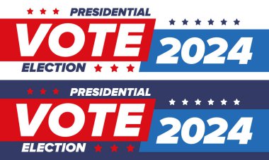 Oylar 2024 'e. Birleşik Devletler 'de 2024 Başkanlık Seçimi. 5 Kasım. ABD Seçim Günü. Vatansever Amerikan unsuru. Poster, kart, afiş ve geçmiş. Vektör illüstrasyonu