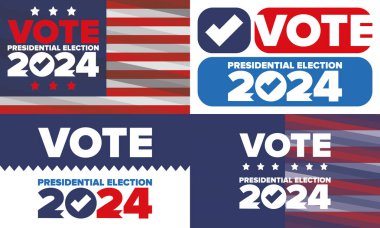 Oylar 2024 'e. Birleşik Devletler 'de 2024 Başkanlık Seçimi. 5 Kasım. ABD Seçim Günü. Vatansever Amerikan unsuru. Poster, kart, afiş ve geçmiş. Vektör illüstrasyonu
