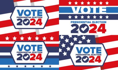 Oylar 2024 'e. Birleşik Devletler 'de 2024 Başkanlık Seçimi. 5 Kasım. ABD Seçim Günü. Vatansever Amerikan unsuru. Poster, kart, afiş ve geçmiş. Vektör illüstrasyonu