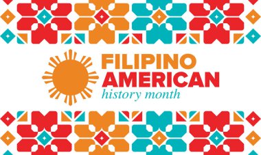 Filipino American History Month. Happy holiday celebrate annual in October. Filipinos and United States flag. Culture month. Patriotic design. Poster, card, banner, template. Vector illustration clipart