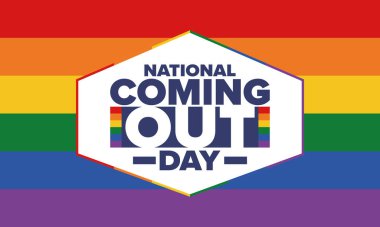 Ulusal Açılış Günü. İyi tatiller. Gurur ayı. LGBT gökkuşağı bayrağı. Çeşitlilik ve eşitlik. Eşcinsel ve lezbiyen. Özgür aşk, kalp şeklinde. İllüzyon. Vektör posteri