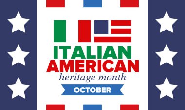 İtalyan Amerikan Mirası Ayı. Ekim ayında bayramın kutlu olsun. İtalya ve ABD bayrağı. Kültür ayı. Vatansever tasarım. Poster, kart, afiş, şablon. Vektör illüstrasyonu