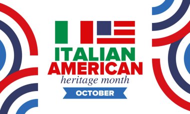 İtalyan Amerikan Mirası Ayı. Ekim ayında bayramın kutlu olsun. İtalya ve ABD bayrağı. Kültür ayı. Vatansever tasarım. Poster, kart, afiş, şablon. Vektör illüstrasyonu