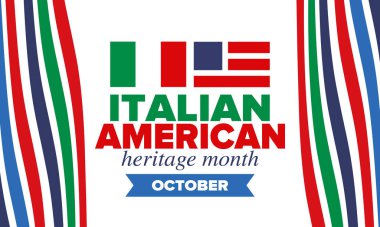 İtalyan Amerikan Mirası Ayı. Ekim ayında bayramın kutlu olsun. İtalya ve ABD bayrağı. Kültür ayı. Vatansever tasarım. Poster, kart, afiş, şablon. Vektör illüstrasyonu