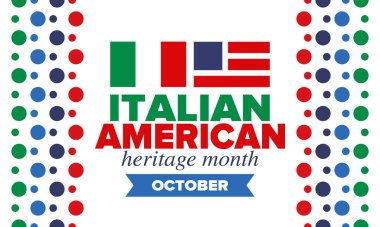 İtalyan Amerikan Mirası Ayı. Ekim ayında bayramın kutlu olsun. İtalya ve ABD bayrağı. Kültür ayı. Vatansever tasarım. Poster, kart, afiş, şablon. Vektör illüstrasyonu