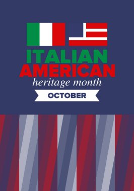 İtalyan Amerikan Mirası Ayı. Ekim ayında bayramın kutlu olsun. İtalya ve ABD bayrağı. Kültür ayı. Vatansever tasarım. Poster, kart, afiş, şablon. Vektör illüstrasyonu