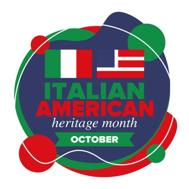 İtalyan Amerikan Mirası Ayı. Ekim ayında bayramın kutlu olsun. İtalya ve ABD bayrağı. Kültür ayı. Vatansever tasarım. Poster, kart, afiş, şablon. Vektör illüstrasyonu