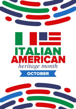 İtalyan Amerikan Mirası Ayı. Ekim ayında bayramın kutlu olsun. İtalya ve ABD bayrağı. Kültür ayı. Vatansever tasarım. Poster, kart, afiş, şablon. Vektör illüstrasyonu
