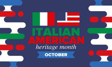 İtalyan Amerikan Mirası Ayı. Ekim ayında bayramın kutlu olsun. İtalya ve ABD bayrağı. Kültür ayı. Vatansever tasarım. Poster, kart, afiş, şablon. Vektör illüstrasyonu