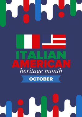 İtalyan Amerikan Mirası Ayı. Ekim ayında bayramın kutlu olsun. İtalya ve ABD bayrağı. Kültür ayı. Vatansever tasarım. Poster, kart, afiş, şablon. Vektör illüstrasyonu
