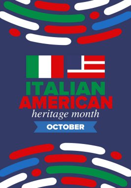 İtalyan Amerikan Mirası Ayı. Ekim ayında bayramın kutlu olsun. İtalya ve ABD bayrağı. Kültür ayı. Vatansever tasarım. Poster, kart, afiş, şablon. Vektör illüstrasyonu