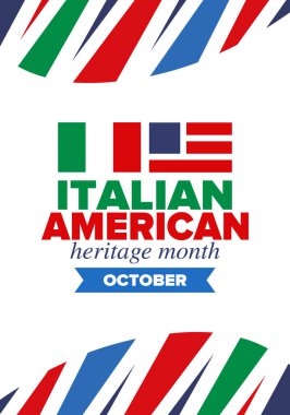 İtalyan Amerikan Mirası Ayı. Ekim ayında bayramın kutlu olsun. İtalya ve ABD bayrağı. Kültür ayı. Vatansever tasarım. Poster, kart, afiş, şablon. Vektör illüstrasyonu