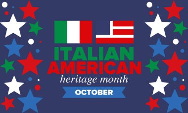 İtalyan Amerikan Mirası Ayı. Ekim ayında bayramın kutlu olsun. İtalya ve ABD bayrağı. Kültür ayı. Vatansever tasarım. Poster, kart, afiş, şablon. Vektör illüstrasyonu