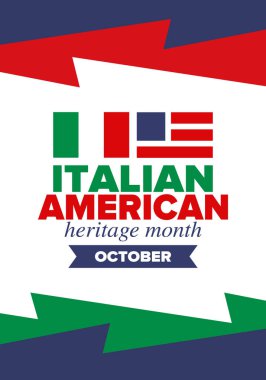 İtalyan Amerikan Mirası Ayı. Ekim ayında bayramın kutlu olsun. İtalya ve ABD bayrağı. Kültür ayı. Vatansever tasarım. Poster, kart, afiş, şablon. Vektör illüstrasyonu