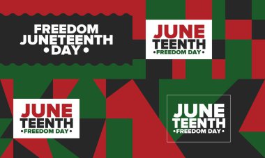 Haziran Bağımsızlık Günü 'nde. Özgürlük ya da Özgürlük Günü. Yıllık Amerikan bayramı, 19 Haziran 'da kutlandı. Afro-Amerikan tarihi ve mirası. Poster, tebrik kartı, afiş ve geçmiş. Vektör