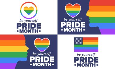 Haziran ayında LGBT Gurur Ayı. Lezbiyen Gey Biseksüel Transseksüel. Yıllık kutlama. LGBT bayrağı. Gökkuşağı aşk konsepti. İnsan hakları ve hoşgörü. Poster, kart, afiş ve geçmiş. Vektör illüstrasyonu