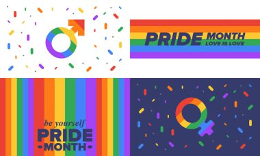 Haziran ayında LGBT Gurur Ayı. Lezbiyen Gey Biseksüel Transseksüel. Yıllık kutlama. LGBT bayrağı. Gökkuşağı aşk konsepti. İnsan hakları ve hoşgörü. Poster, kart, afiş ve geçmiş. Vektör illüstrasyonu