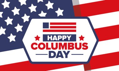 Amerika 'da Kolomb Günü' n kutlu olsun. Ulusal bayram, yıllık kutlamalar Ekim 'de. Amerikan Günü. Columbus 'un onuru. Vatansever Amerikan unsurları. Poster, kart, afiş, geçmiş. Vektör illüstrasyonu