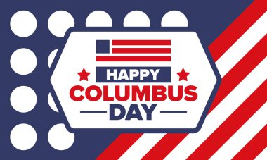 Amerika 'da Kolomb Günü' n kutlu olsun. Ulusal bayram, yıllık kutlamalar Ekim 'de. Amerikan Günü. Columbus 'un onuru. Vatansever Amerikan unsurları. Poster, kart, afiş, geçmiş. Vektör illüstrasyonu
