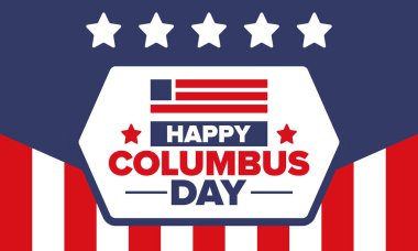 Amerika 'da Kolomb Günü' n kutlu olsun. Ulusal bayram, yıllık kutlamalar Ekim 'de. Amerikan Günü. Columbus 'un onuru. Vatansever Amerikan unsurları. Poster, kart, afiş, geçmiş. Vektör illüstrasyonu