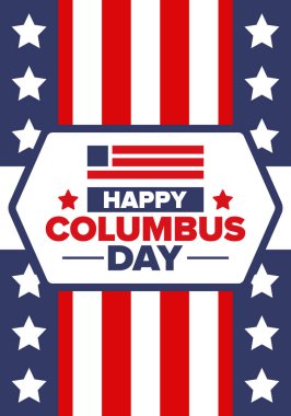 Amerika 'da Kolomb Günü' n kutlu olsun. Ulusal bayram, yıllık kutlamalar Ekim 'de. Amerikan Günü. Columbus 'un onuru. Vatansever Amerikan unsurları. Poster, kart, afiş, geçmiş. Vektör illüstrasyonu