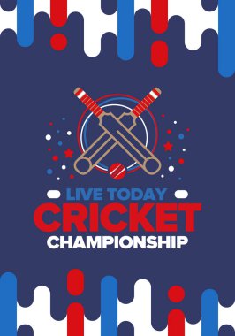 Kriket Şampiyonası. Maç günü. Kriket sopası ve kriket topu. Turnuva elemeleri ve final. Spor maçı, profesyonel yarışma. Kazanmak için oyna. Kriket maçı skoru. Fitness ve eğlence afişi. Vektör illüstrasyonu