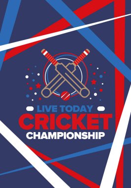 Kriket Şampiyonası. Maç günü. Kriket sopası ve kriket topu. Turnuva elemeleri ve final. Spor maçı, profesyonel yarışma. Kazanmak için oyna. Kriket maçı skoru. Fitness ve eğlence afişi. Vektör illüstrasyonu