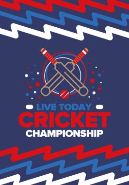 Kriket Şampiyonası. Maç günü. Kriket sopası ve kriket topu. Turnuva elemeleri ve final. Spor maçı, profesyonel yarışma. Kazanmak için oyna. Kriket maçı skoru. Fitness ve eğlence afişi. Vektör illüstrasyonu