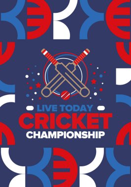 Kriket Şampiyonası. Maç günü. Kriket sopası ve kriket topu. Turnuva elemeleri ve final. Spor maçı, profesyonel yarışma. Kazanmak için oyna. Kriket maçı skoru. Fitness ve eğlence afişi. Vektör illüstrasyonu