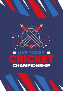 Kriket Şampiyonası. Maç günü. Kriket sopası ve kriket topu. Turnuva elemeleri ve final. Spor maçı, profesyonel yarışma. Kazanmak için oyna. Kriket maçı skoru. Fitness ve eğlence afişi