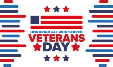 Birleşik Devletler 'de Gaziler Günü. Federal bayram, her yıl 11 Kasım 'da kutlanır. Hizmet eden herkesi onurlandırmak. Vatansever Amerikan askeri konsepti. Poster, kart, afiş ve geçmiş. Vektör illüstrasyonu