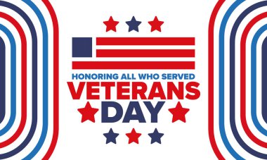 Birleşik Devletler 'de Gaziler Günü. Federal bayram, her yıl 11 Kasım 'da kutlanır. Hizmet eden herkesi onurlandırmak. Vatansever Amerikan askeri konsepti. Poster, kart, afiş ve geçmiş. Vektör illüstrasyonu