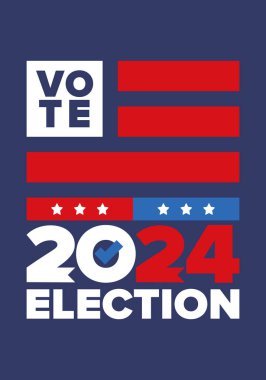 Oylar 2024 'e. Birleşik Devletler 'de 2024 Başkanlık Seçimi. Oylama günü, 5 Kasım. Amerikan Seçimleri. Vatansever Amerikan unsuru. Poster, kart, afiş ve geçmiş. Vektör illüstrasyonu