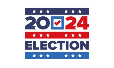 Oylar 2024 'e. Birleşik Devletler 'de 2024 Başkanlık Seçimi. Oylama günü, 5 Kasım. Amerikan Seçimleri. Vatansever Amerikan unsuru. Poster, kart, afiş ve geçmiş. Vektör illüstrasyonu