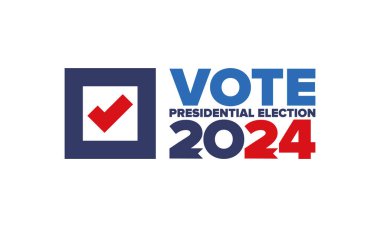 Oylar 2024 'e. Birleşik Devletler 'de 2024 Başkanlık Seçimi. Oylama günü, 5 Kasım. Amerikan Seçimleri. Vatansever Amerikan unsuru. Poster, kart, afiş ve geçmiş. Vektör illüstrasyonu