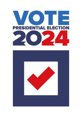 Oylar 2024 'e. Birleşik Devletler 'de 2024 Başkanlık Seçimi. Oylama günü, 5 Kasım. Amerikan Seçimleri. Vatansever Amerikan unsuru. Poster, kart, afiş ve geçmiş. Vektör illüstrasyonu