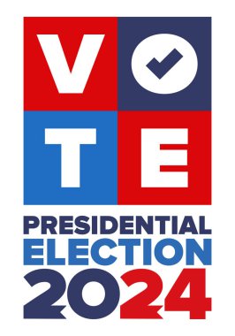 Oylar 2024 'e. Birleşik Devletler 'de 2024 Başkanlık Seçimi. Oylama günü, 5 Kasım. Amerikan Seçimleri. Vatansever Amerikan unsuru. Poster, kart, afiş ve geçmiş. Vektör illüstrasyonu