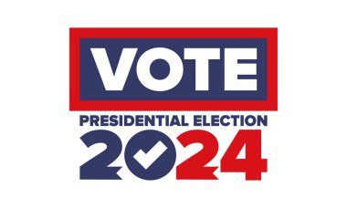 Oylar 2024 'e. Birleşik Devletler 'de 2024 Başkanlık Seçimi. Oylama günü, 5 Kasım. Amerikan Seçimleri. Vatansever Amerikan unsuru. Poster, kart, afiş ve geçmiş. Vektör illüstrasyonu