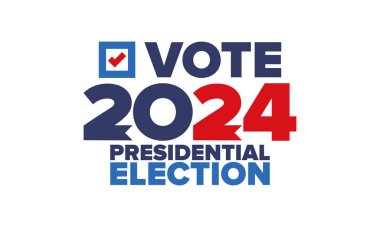 Oylar 2024 'e. Birleşik Devletler 'de 2024 Başkanlık Seçimi. Oylama günü, 5 Kasım. Amerikan Seçimleri. Vatansever Amerikan unsuru. Poster, kart, afiş ve geçmiş. Vektör illüstrasyonu